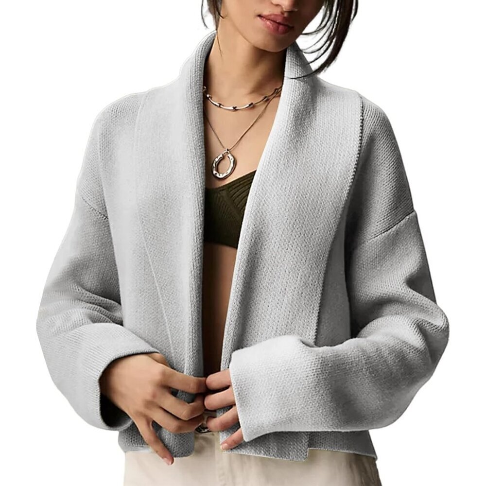 Women's Cropped Chunky Knit Cardigan Oversized Long Sleeve Open Front Sweater